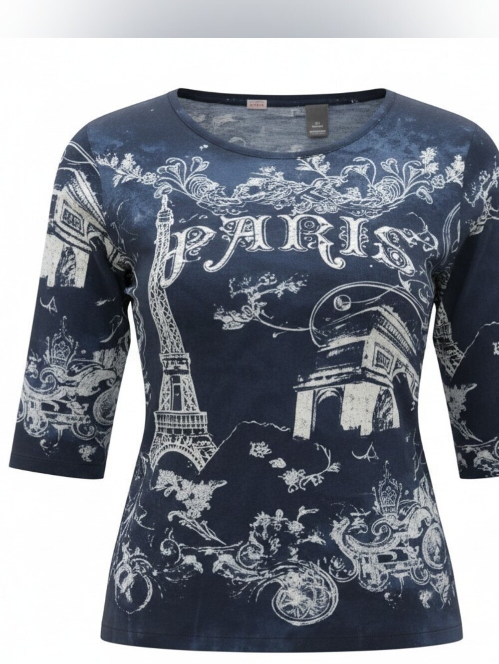 Liz & Me Womens "Paris" T-shirt Blue 3/4 Sleeves Round Neck Sequins Size 2XL